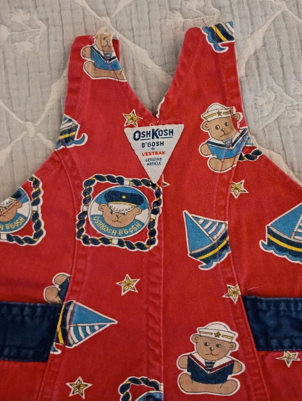Vintage Oshkosh Red Dinem Overalls Teddy Bear Sailor/Sailboats 3-6 Months Cotton